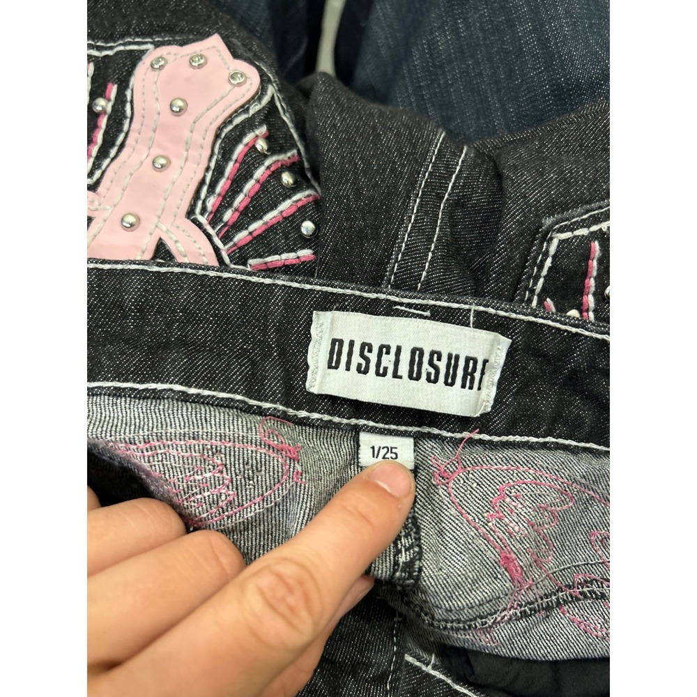 Disclosure Womens Wide Leg Jeans Black Pink Celtic Cross Studded Y2K Size 1/25 - Picture 3 of 3